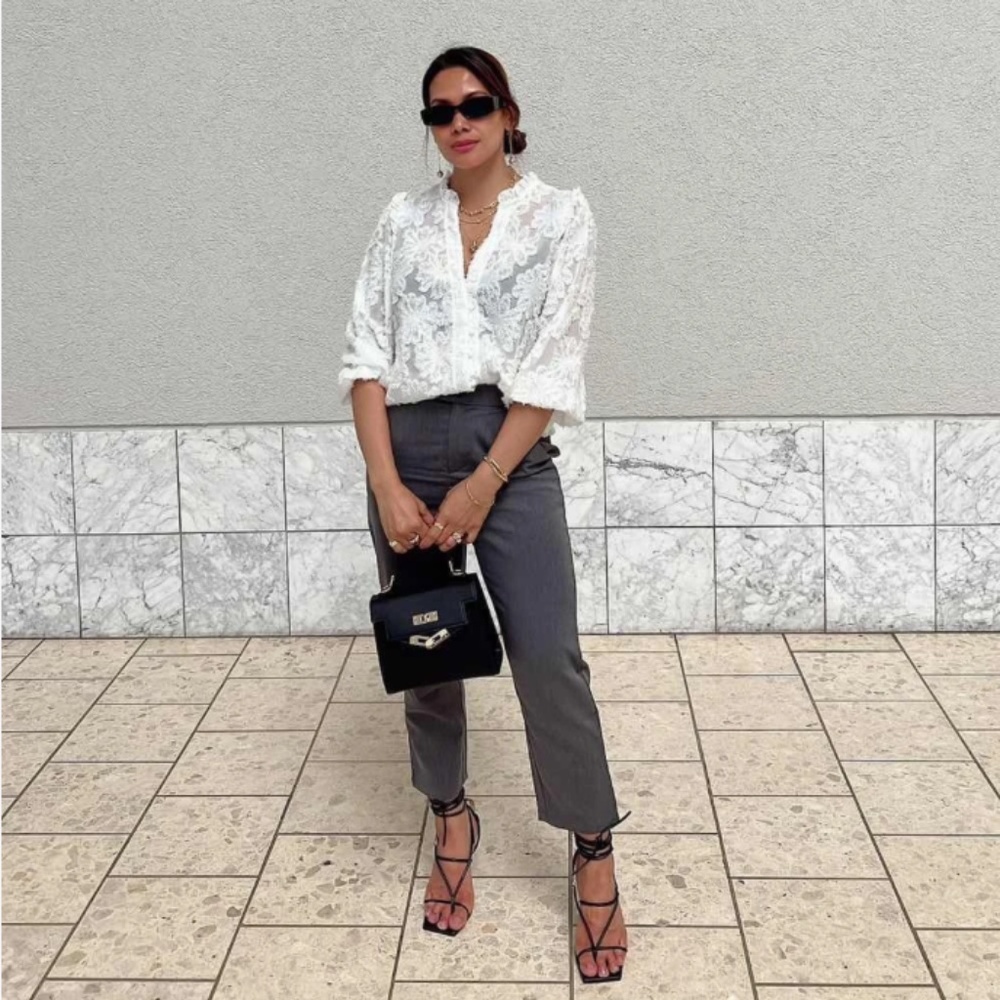 White Casual Textured Shirt Button Up Down Floral - Picture 12 of 16